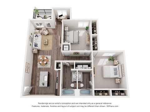 Floor plan for 2 beds, 2 baths, 1173 sqft